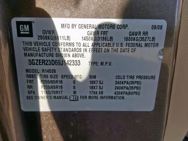 5GZER23D69J142333 - 2009 SATURN OUTLOOK XR ყავისფერი ფოტო 10