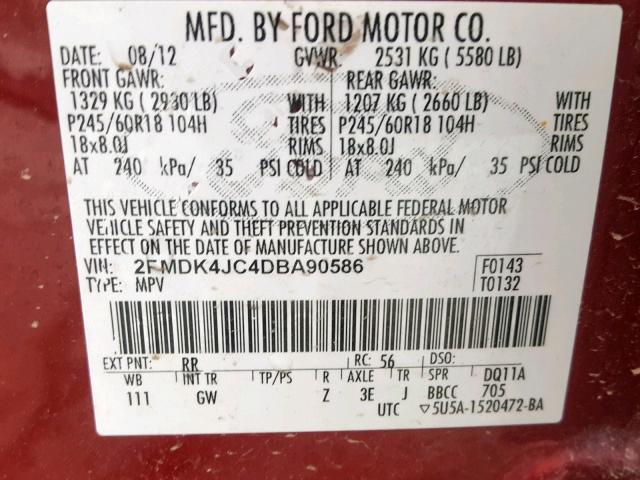 2FMDK4JC4DBA90586 - 2013 FORD EDGE SEL BURGUNDY photo 10