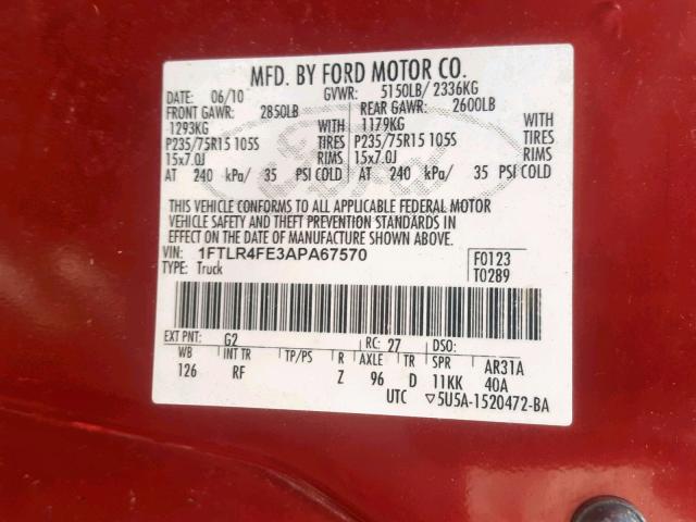 1FTLR4FE3APA67570 - 2010 FORD RANGER SUP RED photo 10