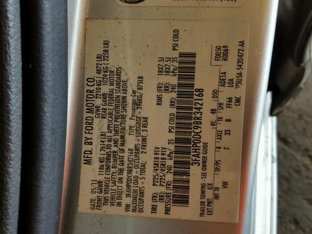 3FAHP0DC9BR342168 - 2011 FORD FUSION SPO SILVER photo 10