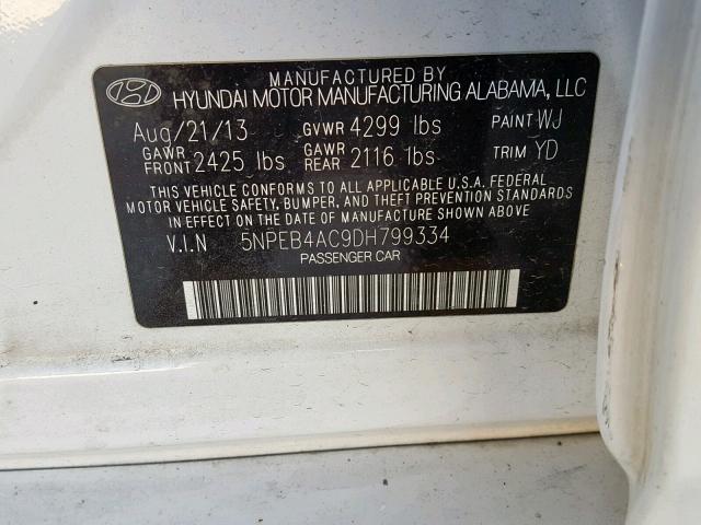 5NPEB4AC9DH799334 - 2013 HYUNDAI SONATA GLS WHITE photo 10