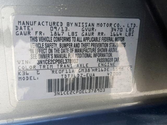 3N1CE2CP0EL378903 - 2014 NISSAN VERSA NOTE SILVER photo 10