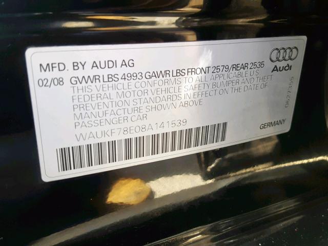 WAUKF78E08A141539 - 2008 AUDI A4 2.0T AV BLACK photo 10