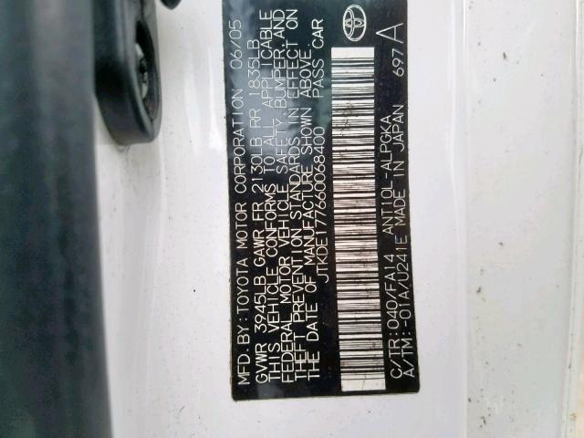 JTKDE177660068400 - 2006 TOYOTA SCION TC თეთრი ფოტო 10