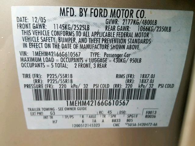 1MEHM42166G610567 - 2006 MERCURY MONTEGO PR 金色 照片 10