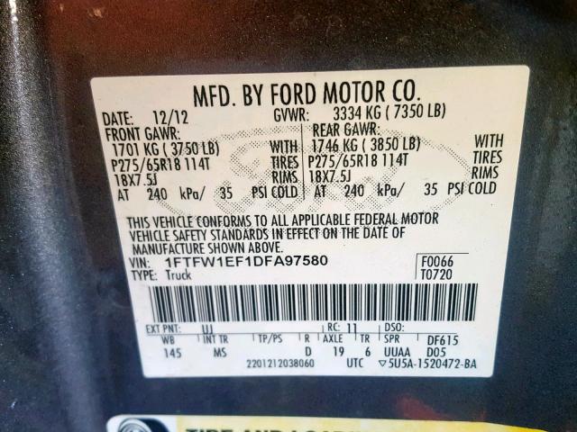 1FTFW1EF1DFA97580 - 2013 FORD F150 SUPER GRAY photo 10