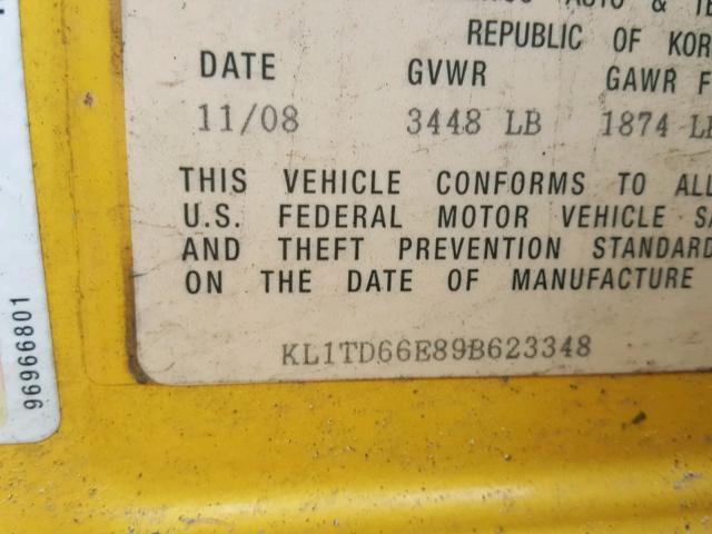 KL1TD66E89B623348 - 2009 CHEVROLET AVEO LS YELLOW photo 10