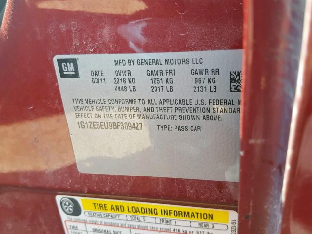 1G1ZE5EU9BF309427 - 2011 CHEVROLET MALIBU LTZ მუქწითელი ფოტო 10