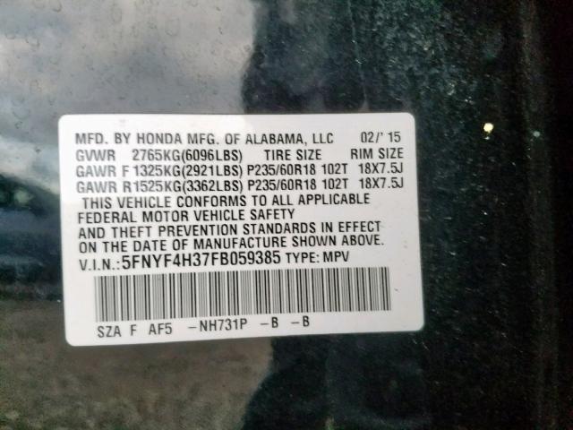 5FNYF4H37FB059385 - 2015 HONDA PILOT SE BLACK photo 10