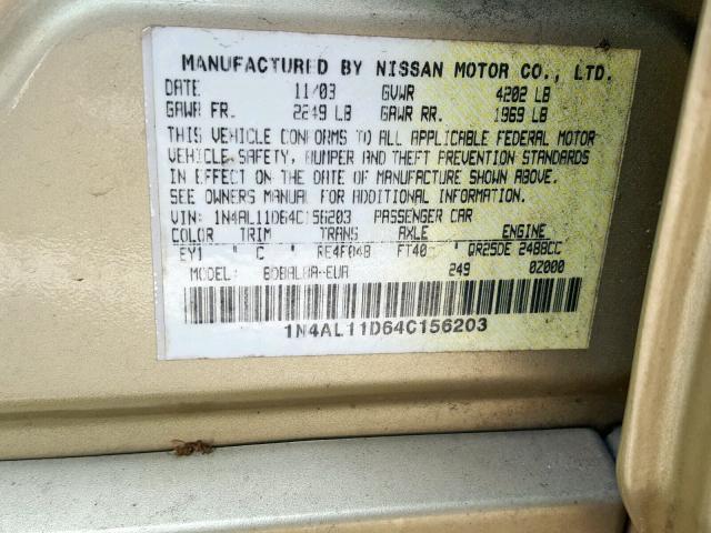 1N4AL11D64C156203 - 2004 NISSAN ALTIMA BASE  photo 10