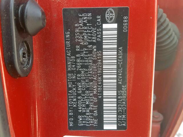 4T1BE46K19U294195 - 2009 TOYOTA CAMRY BASE RED photo 10