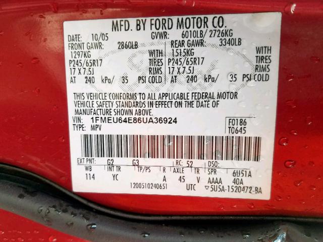 1FMEU64E86UA36924 - 2006 FORD EXPLORER E RED photo 10