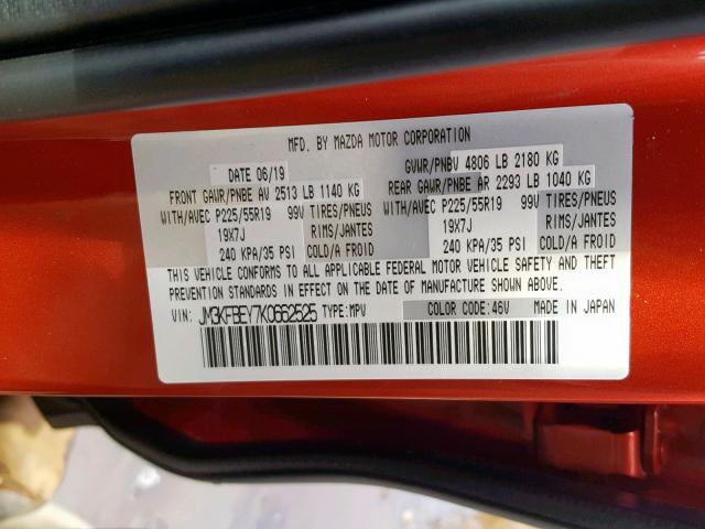 JM3KFBEY7K0662525 - 2019 MAZDA CX-5 SIGNA RED photo 10