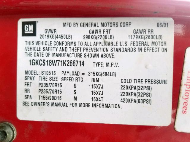 1GKCS18W71K266714 - 2001 GMC JIMMY RED photo 10