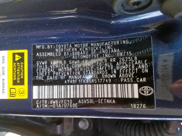 4T4BF1FK8GR517749 - 2016 TOYOTA CAMRY LE BLUE photo 10
