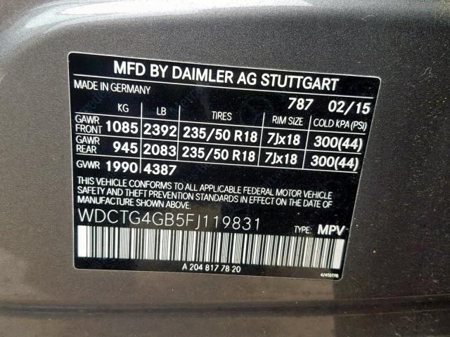 WDCTG4GB5FJ119831 - 2015 MERCEDES-BENZ GLA 250 4M GRAY photo 10