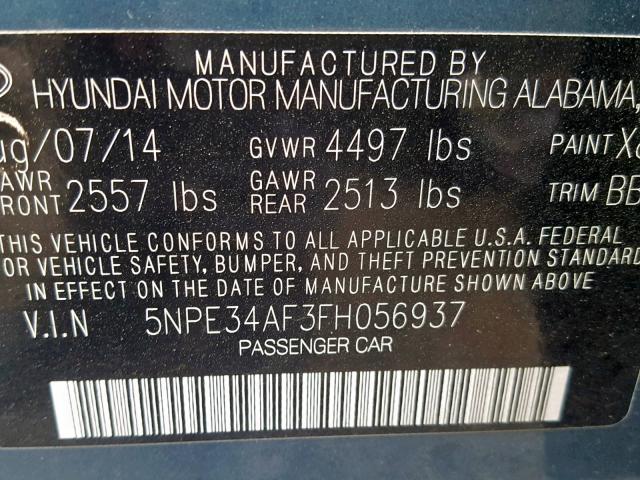 5NPE34AF3FH056937 - 2015 HYUNDAI SONATA SPO BLUE photo 10