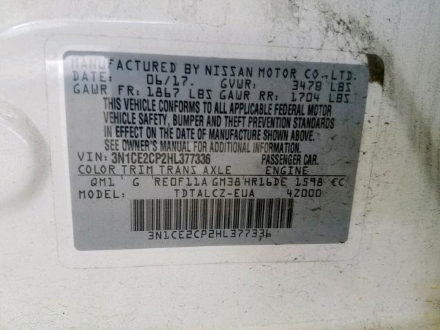 3N1CE2CP2HL377336 - 2017 NISSAN VERSA NOTE WHITE photo 10