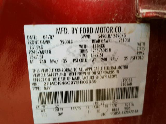 2FMDK48C97BB02659 - 2007 FORD EDGE SEL RED photo 10