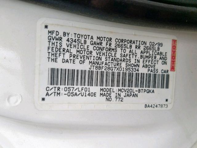 JT8BF28G7X0195334 - 1999 LEXUS ES 300 WHITE photo 10