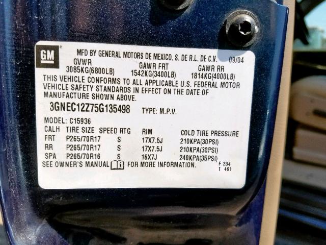 3GNEC12Z75G135498 - 2005 CHEVROLET AVALANCHE BLUE photo 10