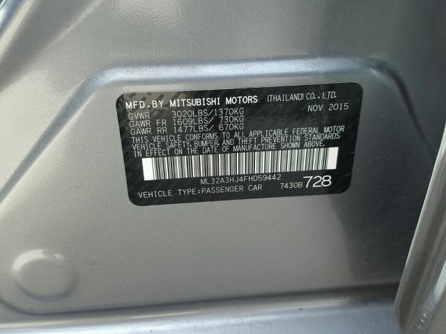 ML32A3HJ4FH059442 - 2015 MITSUBISHI MIRAGE DE GRAY photo 10