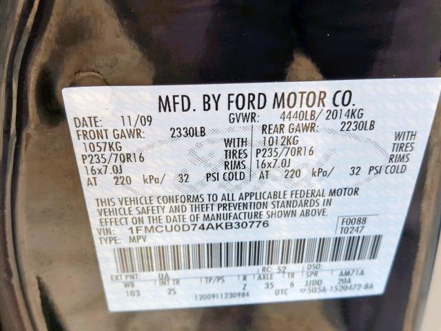 1FMCU0D74AKB30776 - 2010 FORD ESCAPE XLT BLACK photo 10