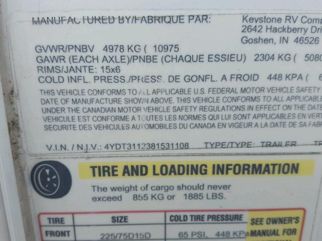 4YDT3112381531108 - 2008 KEYSTONE SPRINTER WHITE photo 10