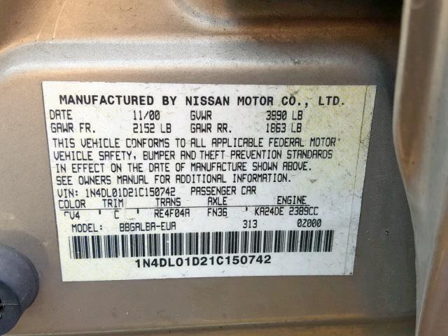 1N4DL01D21C150742 - 2001 NISSAN ALTIMA XE BEIGE photo 10