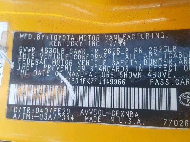 4T1BD1FK7FU149966 - 2015 TOYOTA CAMRY HYBR YELLOW photo 10