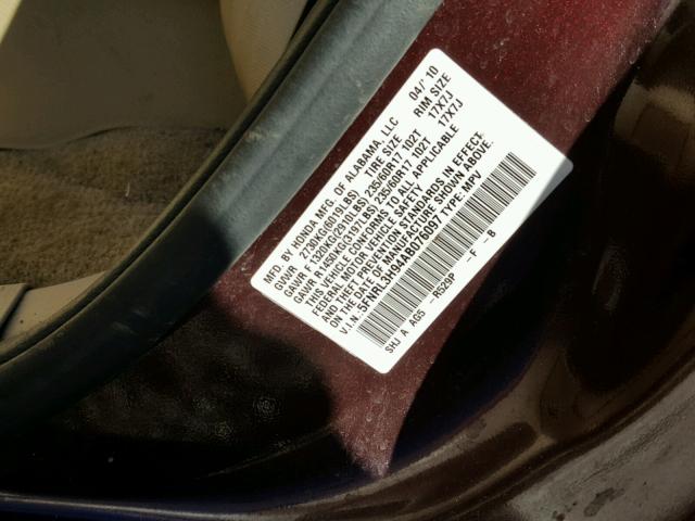 5FNRL3H94AB076097 - 2010 HONDA ODYSSEY TO MAROON photo 10