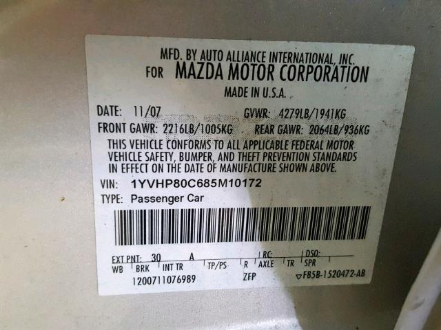 1YVHP80C685M10172 - 2008 MAZDA 6 I SILVER photo 10