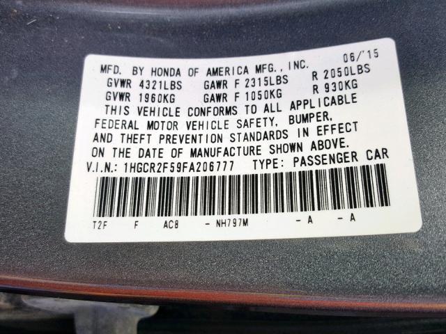 1HGCR2F59FA206777 - 2015 HONDA ACCORD SPO 灰色 照片 10
