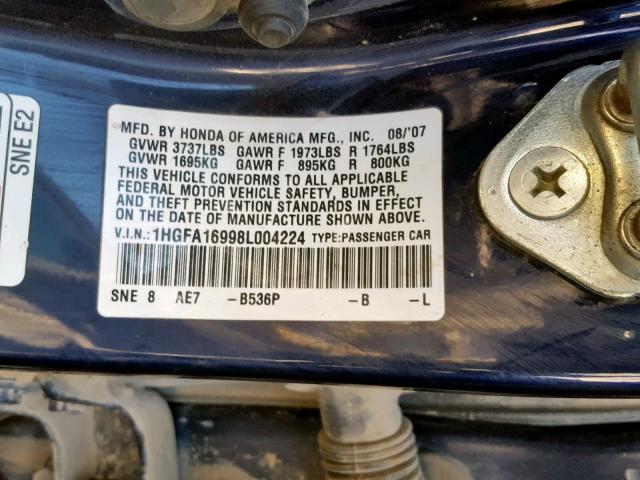 1HGFA16998L004224 - 2008 HONDA CIVIC EXL 蓝色 照片 10