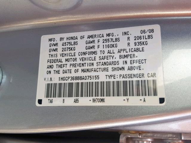 1HGCP36888A075155 - 2008 HONDA ACCORD EXL SILVER photo 10