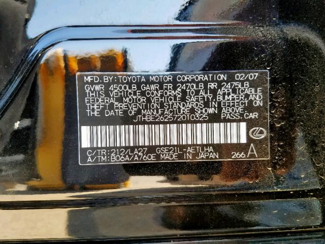 JTHBE262572010325 - 2007 LEXUS IS 350 BLACK photo 10