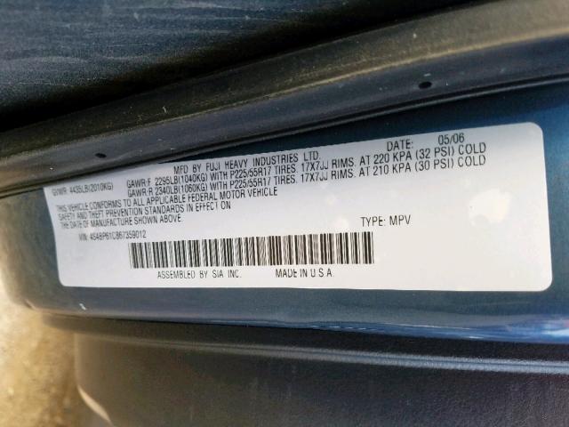 4S4BP61C867359012 - 2006 SUBARU LEGACY OUT BLUE photo 10