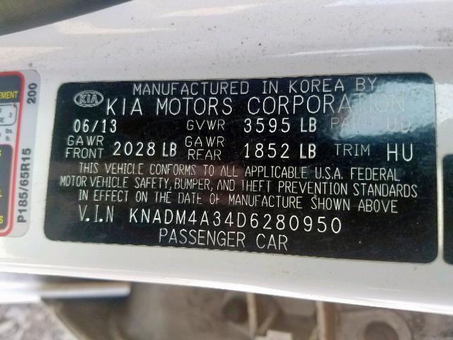 KNADM4A34D6280950 - 2013 KIA RIO LX WHITE photo 10