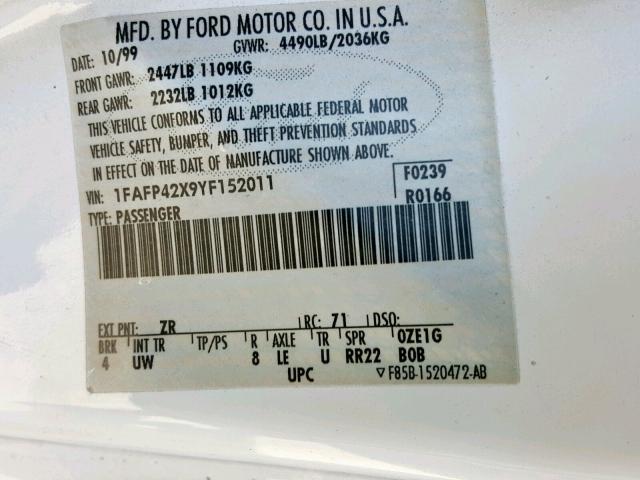 1FAFP42X9YF152011 - 2000 FORD MUSTANG GT WHITE photo 10