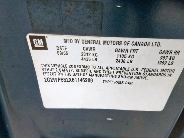 2G2WP552X61146209 - 2006 PONTIAC GRAND PRIX Կապույտ լուսանկար 10