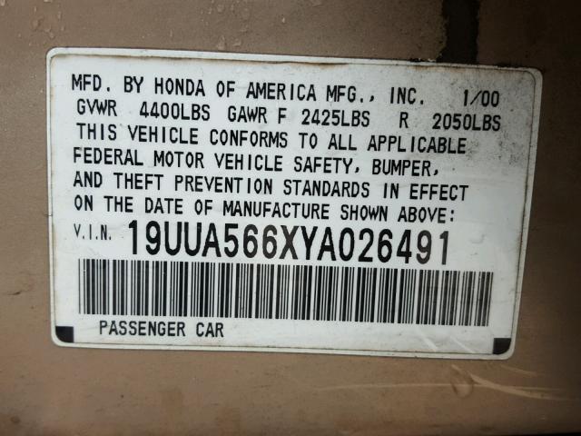 19UUA566XYA026491 - 2000 ACURA 3.2TL TAN photo 10