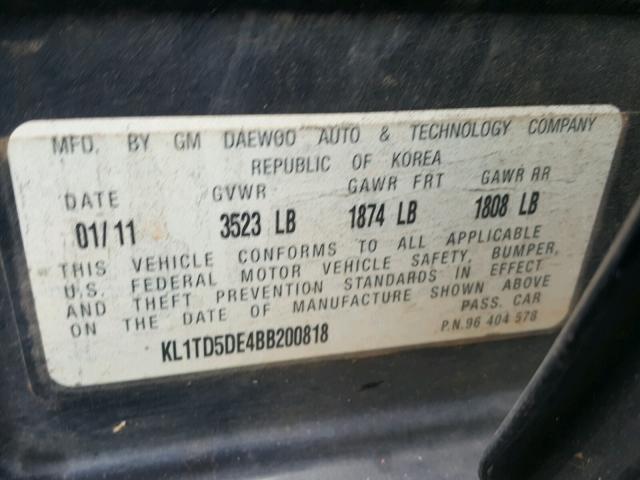 KL1TD5DE4BB200818 - 2011 CHEVROLET AVEO LS BLACK photo 10