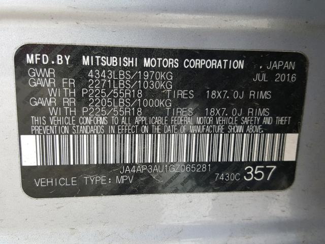 JA4AP3AU1GZ065281 - 2016 MITSUBISHI OUTLANDER SILVER photo 10