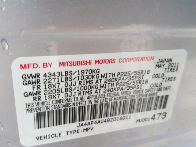 JA4AP4AU4BZ016011 - 2011 MITSUBISHI OUTLANDER SILVER photo 10