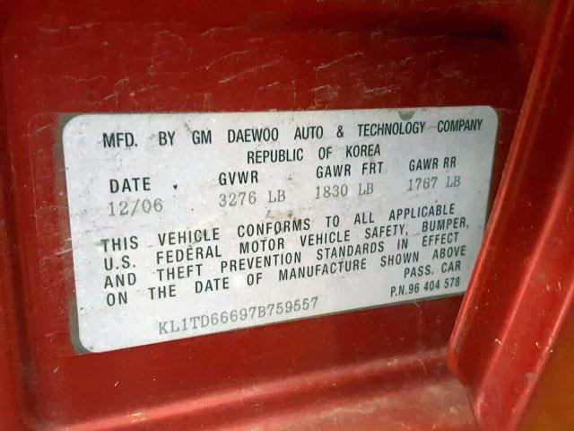 KL1TD66697B759557 - 2007 CHEVROLET AVEO BASE 红色 照片 10