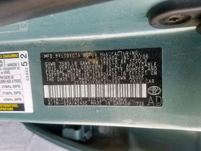 2T1BR32E06C625585 - 2006 TOYOTA COROLLA CE GREEN photo 10