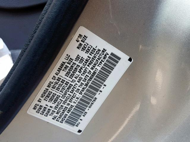 5FNRL38478B068817 - 2008 HONDA ODYSSEY EX SILVER photo 10