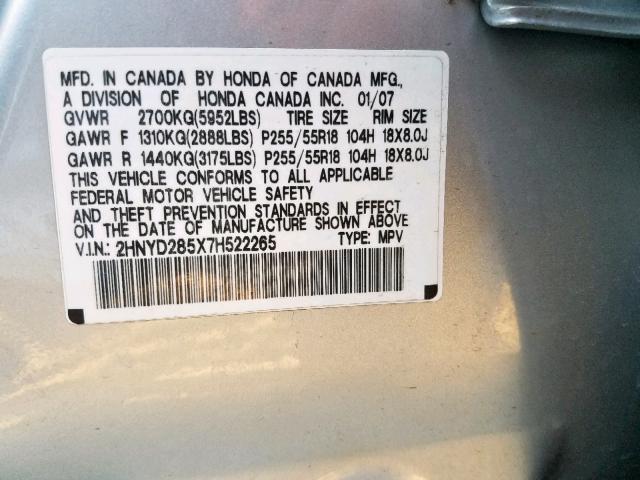 2HNYD285X7H522265 - 2007 ACURA MDX SPORT GRAY photo 10