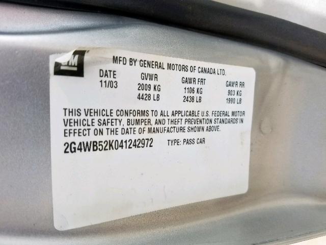 2G4WB52K041242972 - 2004 BUICK REGAL LS SILVER photo 10