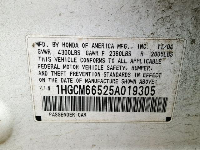 1HGCM66525A019305 - 2005 HONDA ACCORD EX WHITE photo 10